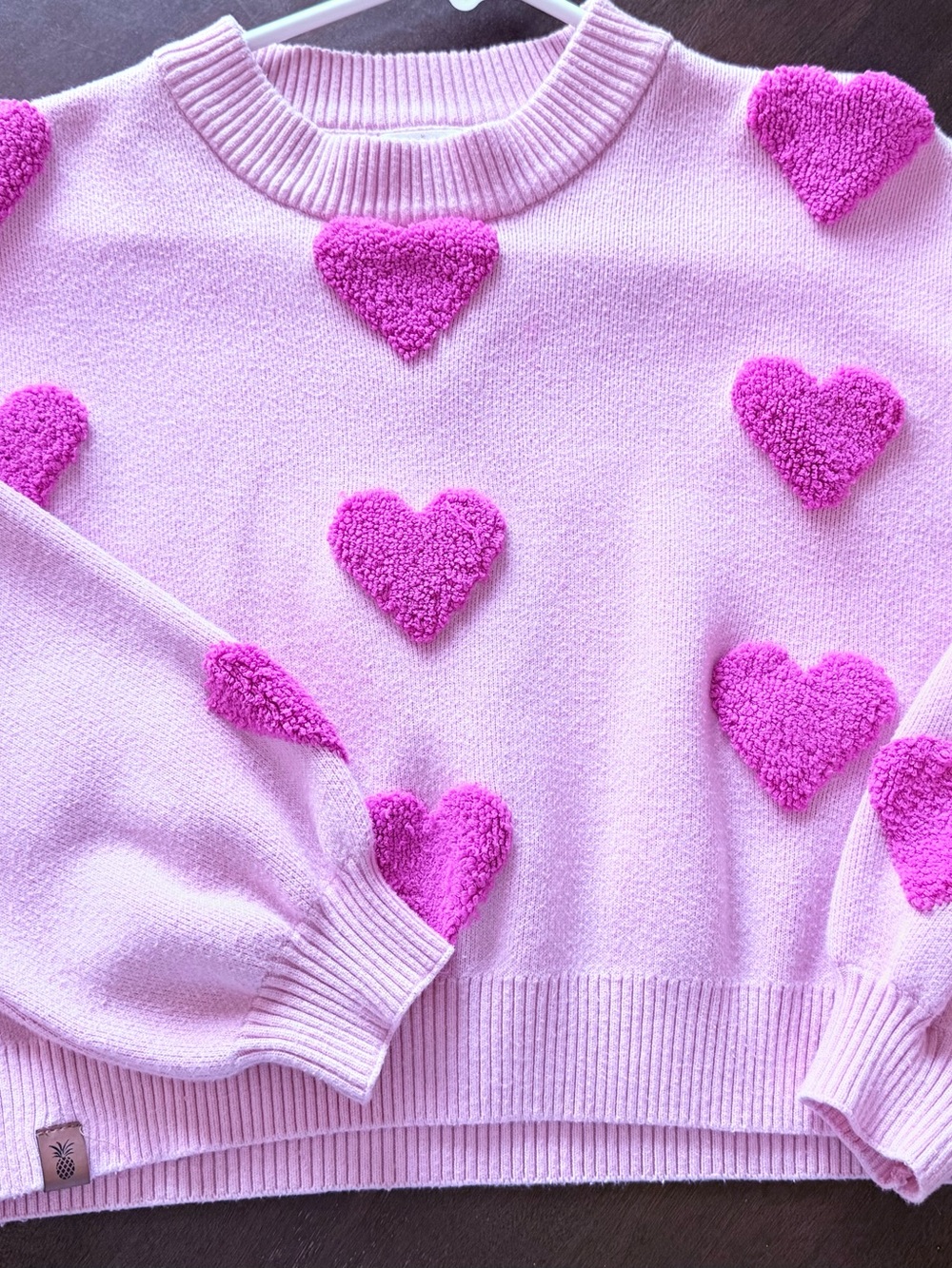 Simply Southern Cropped Valentines Sweater. Light Pink with fluffy raised hearts
